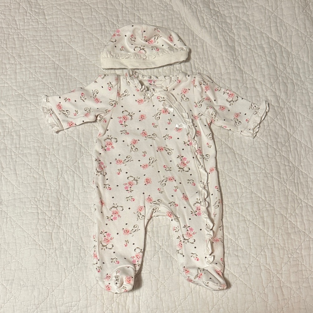 Little Me White and Pink Floral Footie with Hat 0-3mo